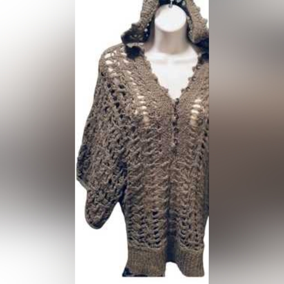 This is a Free People Pointelle Open Knit Alpaca Hooded Sweater in brown. Small - Picture 13 of 13